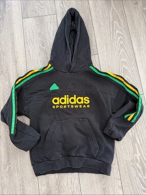 adidas Black Hoodie with Yellow Logo and Green Sleeve Stripes